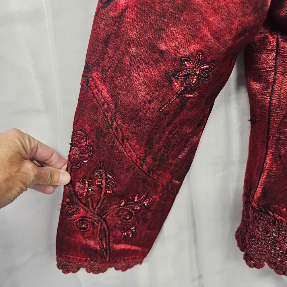 Flashback Ruby Red Beaded Crochet Embroidered Flo… - image 5